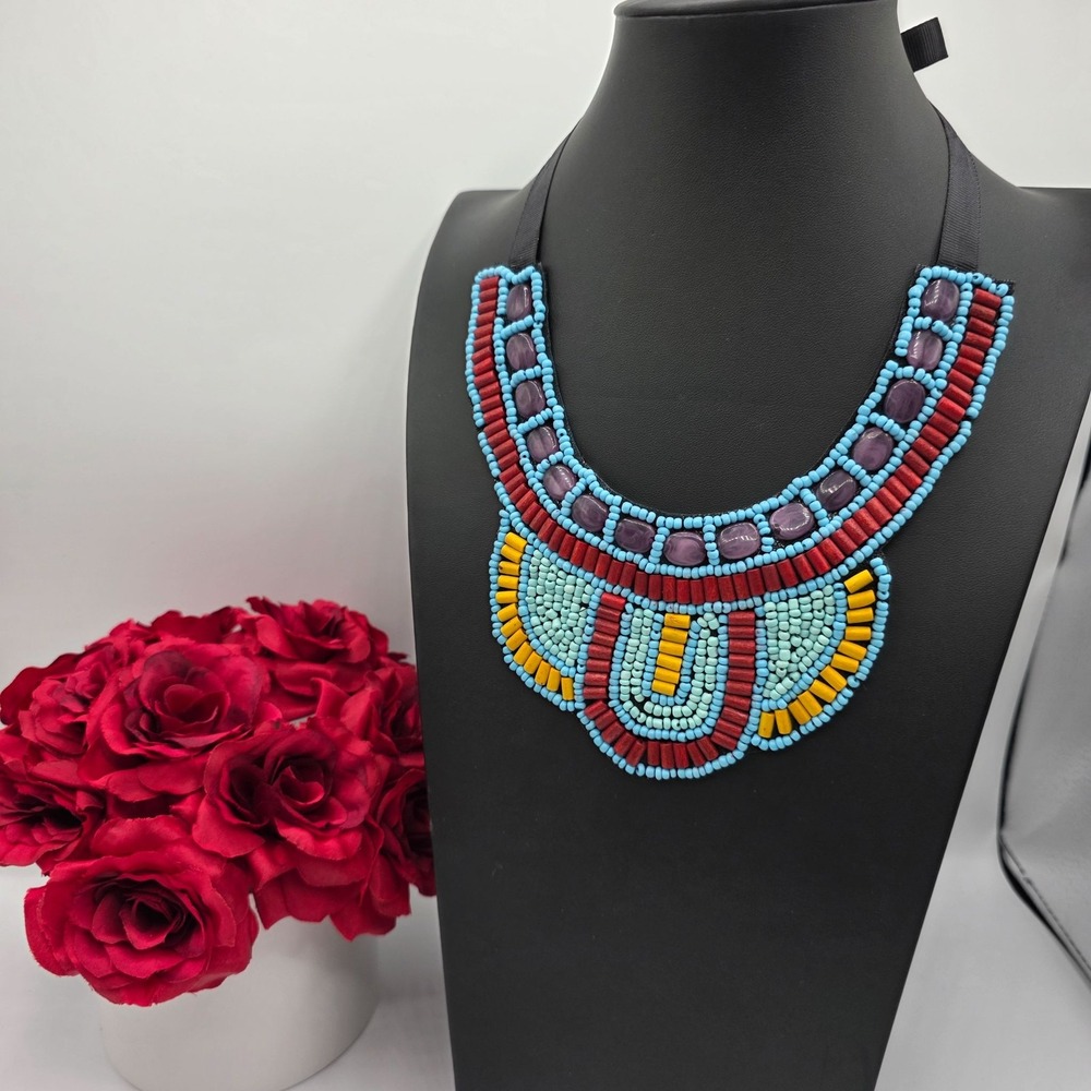 Beaded Statement Bib Necklace Multi-Color Geometric Tribal Choker Western Boho